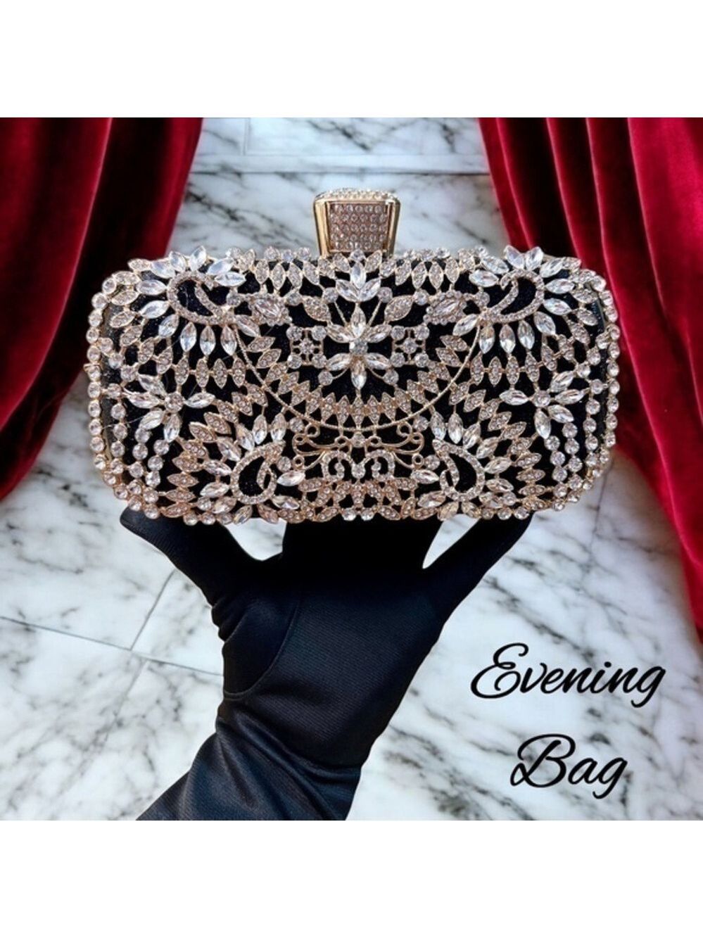 Crystal Rhinestone Embellished Black Evening Bag w/Handle & Chain Strap NWT